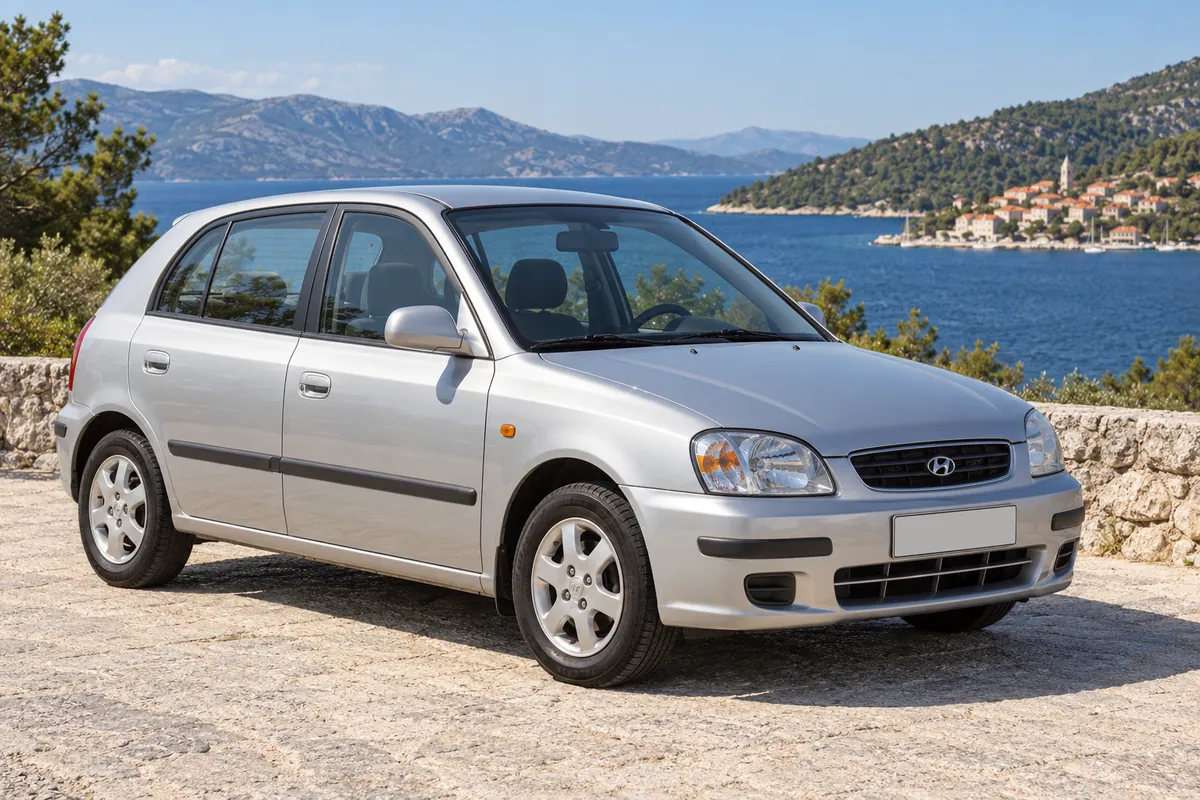Silver Hyundai Accent parked by the sea