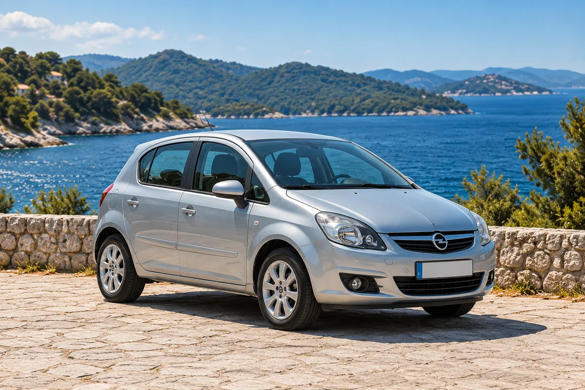 Silver Opel Corsa parked by the sea