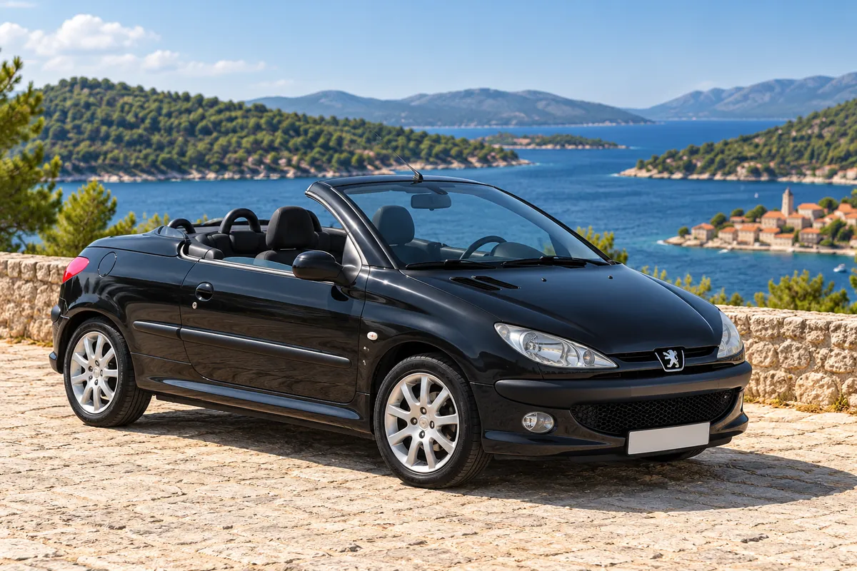 Black Peugeot 206 CC parked by the sea