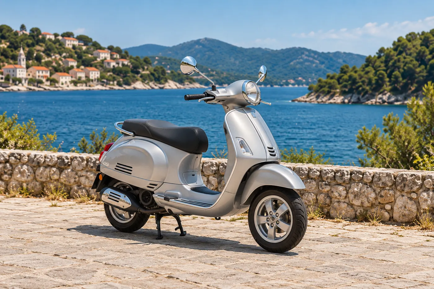 Silver scooter parked on a seaside promenade