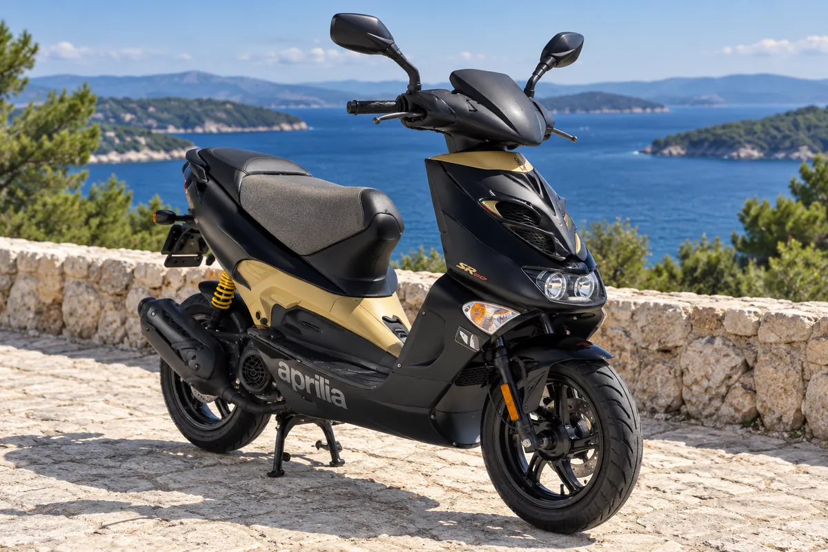 Black Aprilia SR 50 scooter by the sea