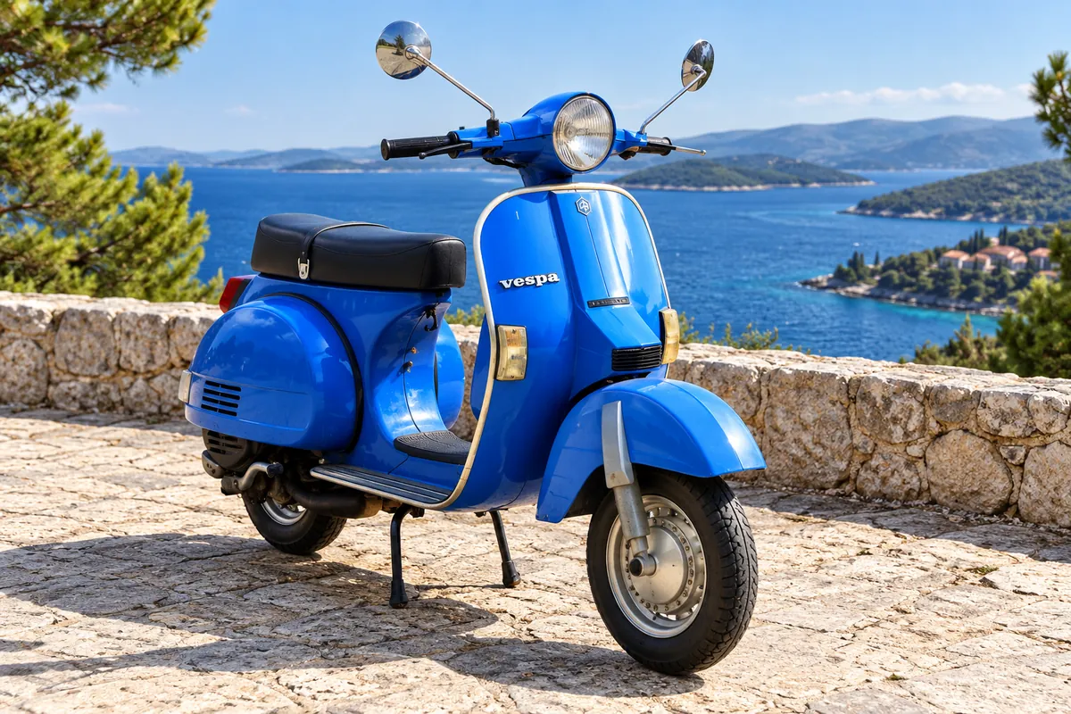 Blue Vespa PX scooter by the sea